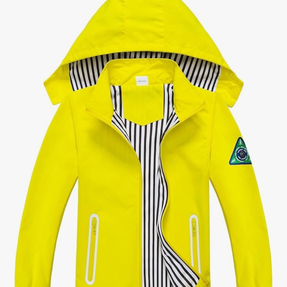 Bright Yellow Hooded Jacket with Striped Lining